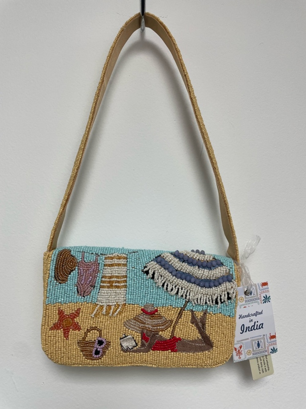 Handcrafted Beach Beaded Shoulder Bag - Tan & Aqua
